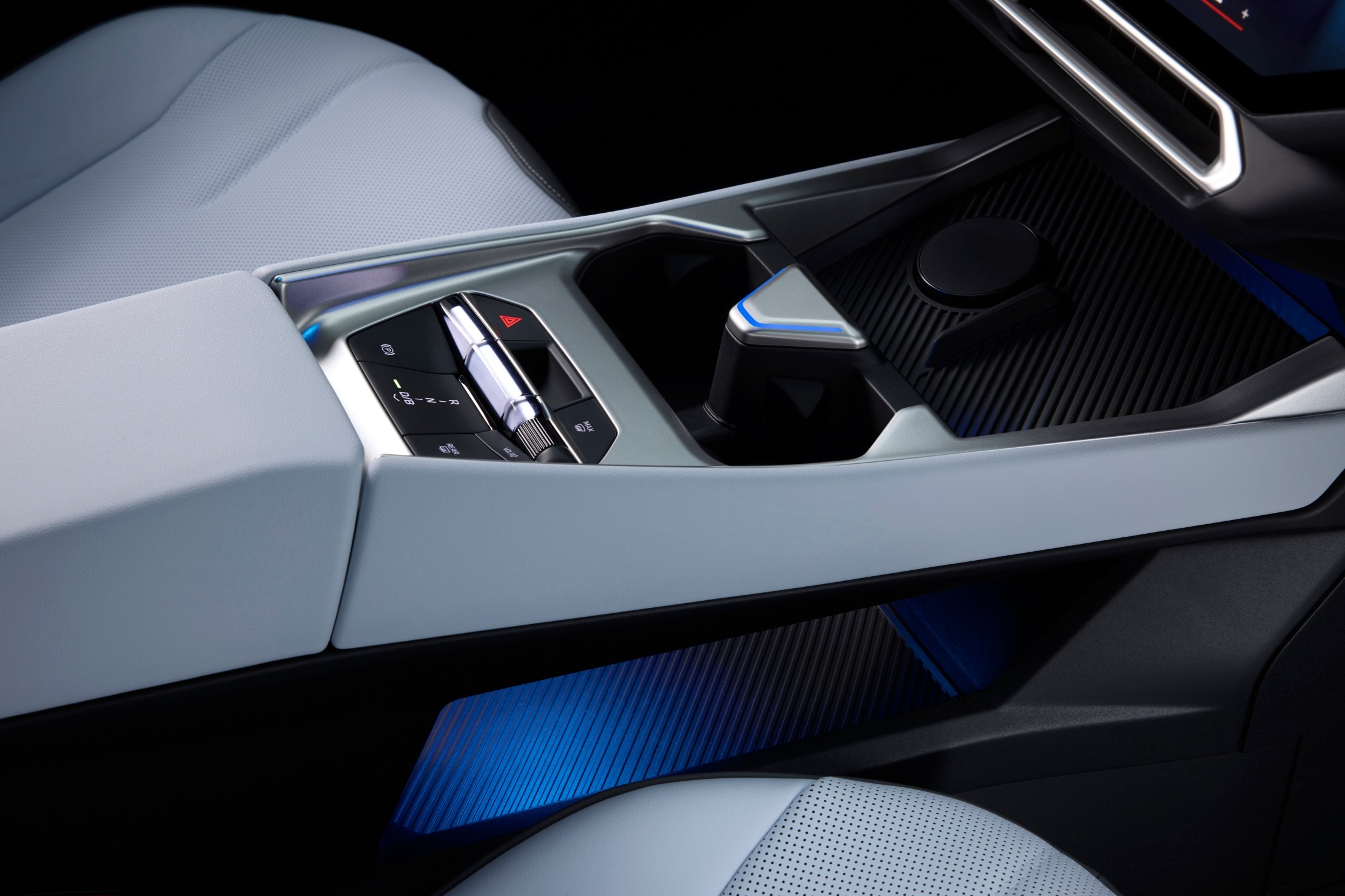 BMW i3 interior center console with illuminated drive selector