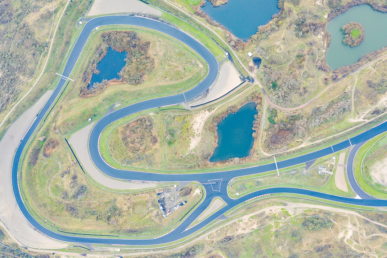 Aerial view of Circuit Zandvoort’s banked dune corners in the Netherlands