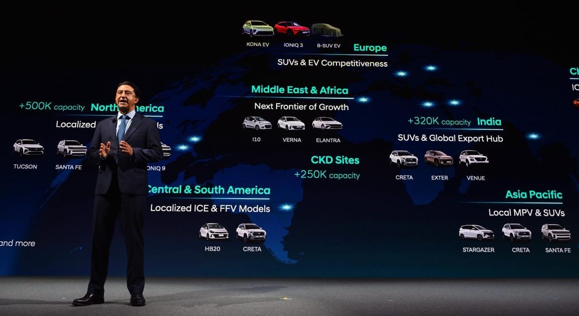 Hyundai global expansion map showing India capacity increase and regional model lineups at Investor Day 2026