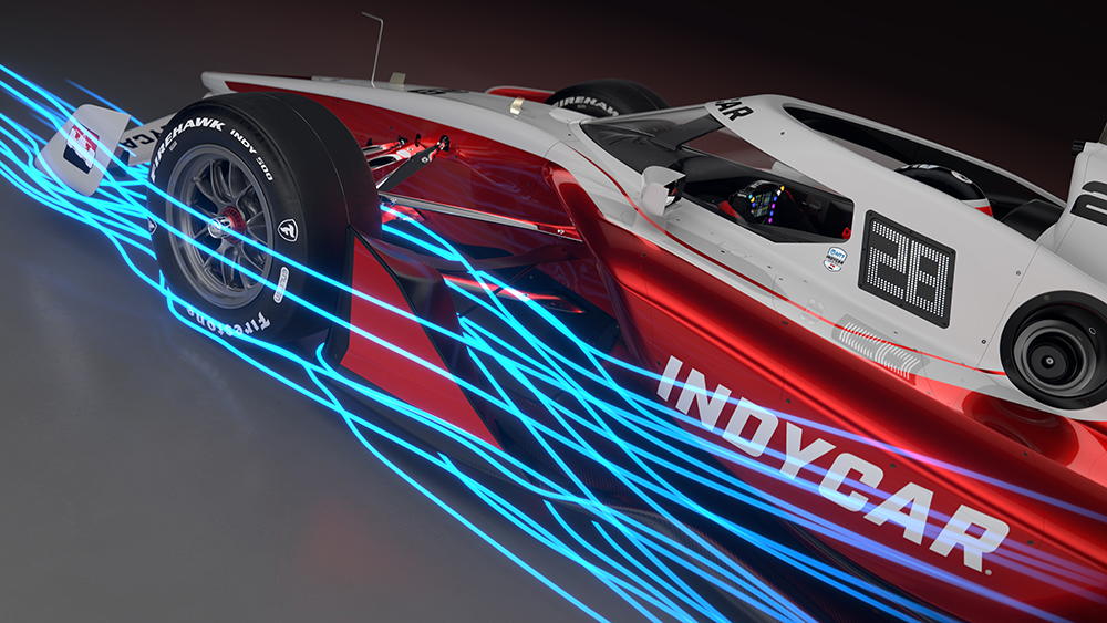 Rendering showing airflow turbulence lines behind the front wheel of the INDYCAR IR-28