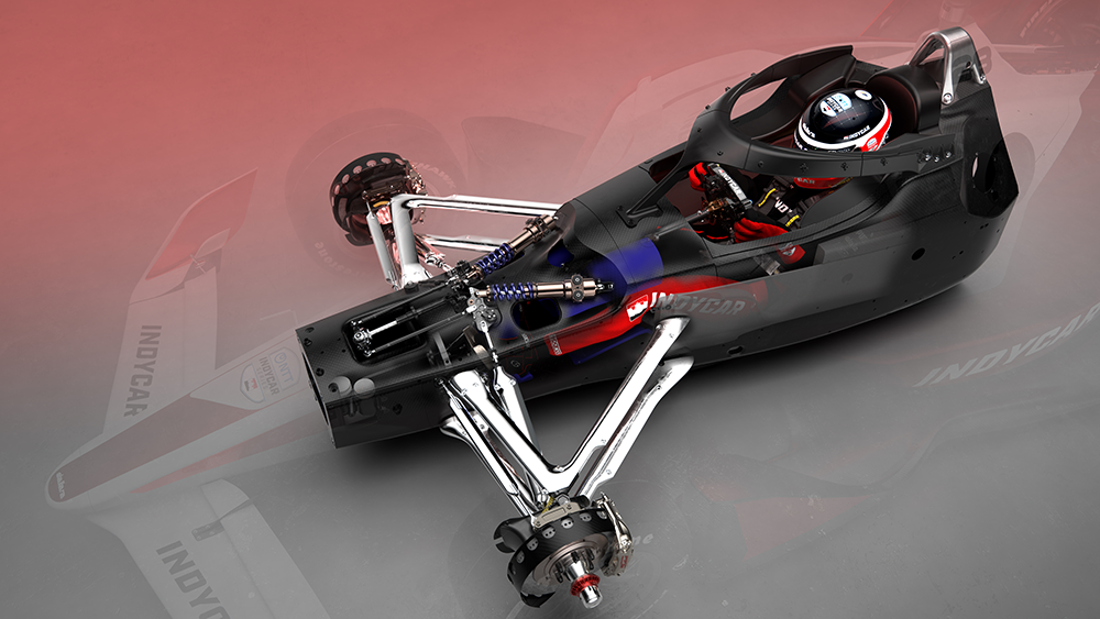 Exposed chassis view of the INDYCAR IR-28 showing suspension components