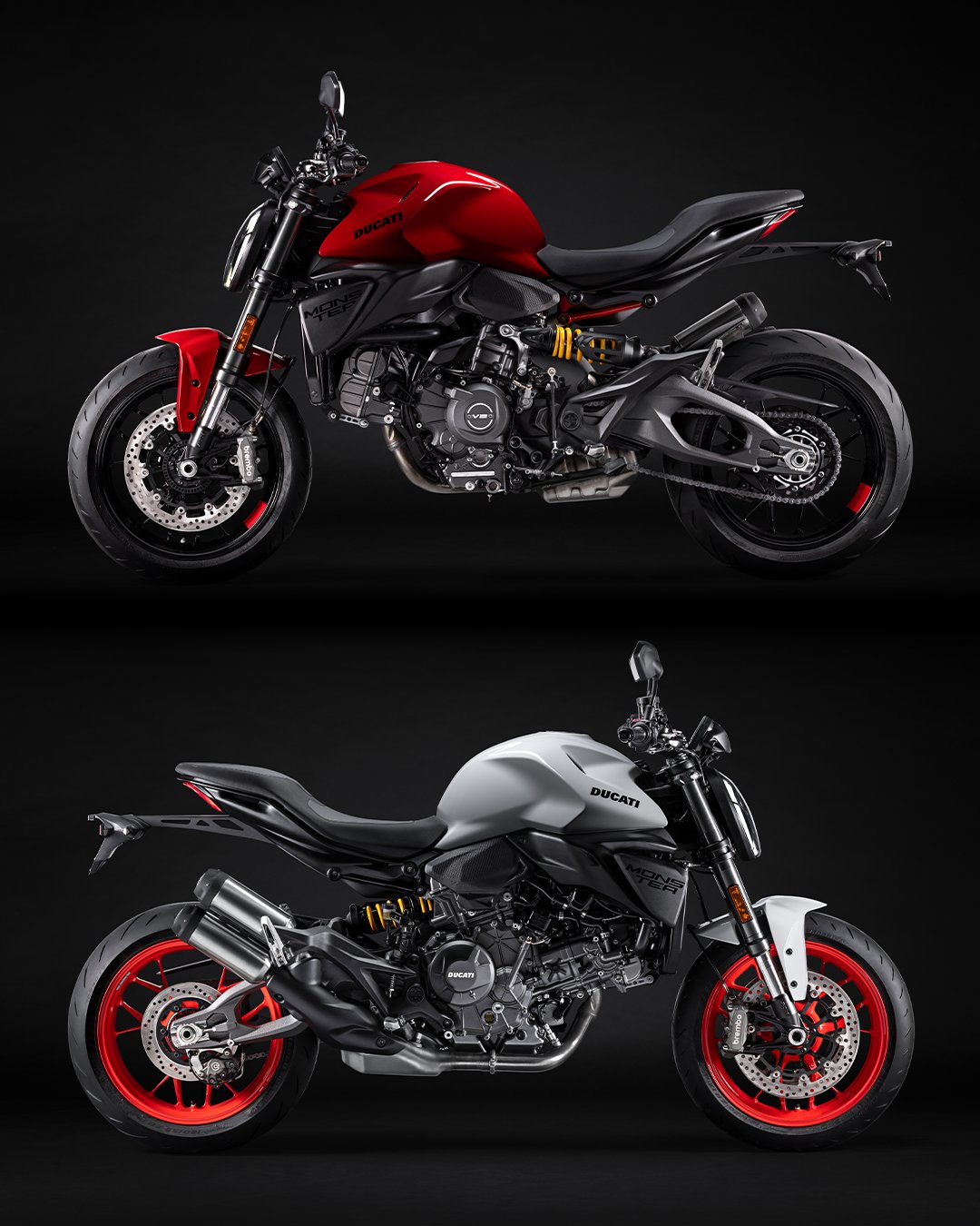 2026 Ducati Monster in red and white colourways, side profile
