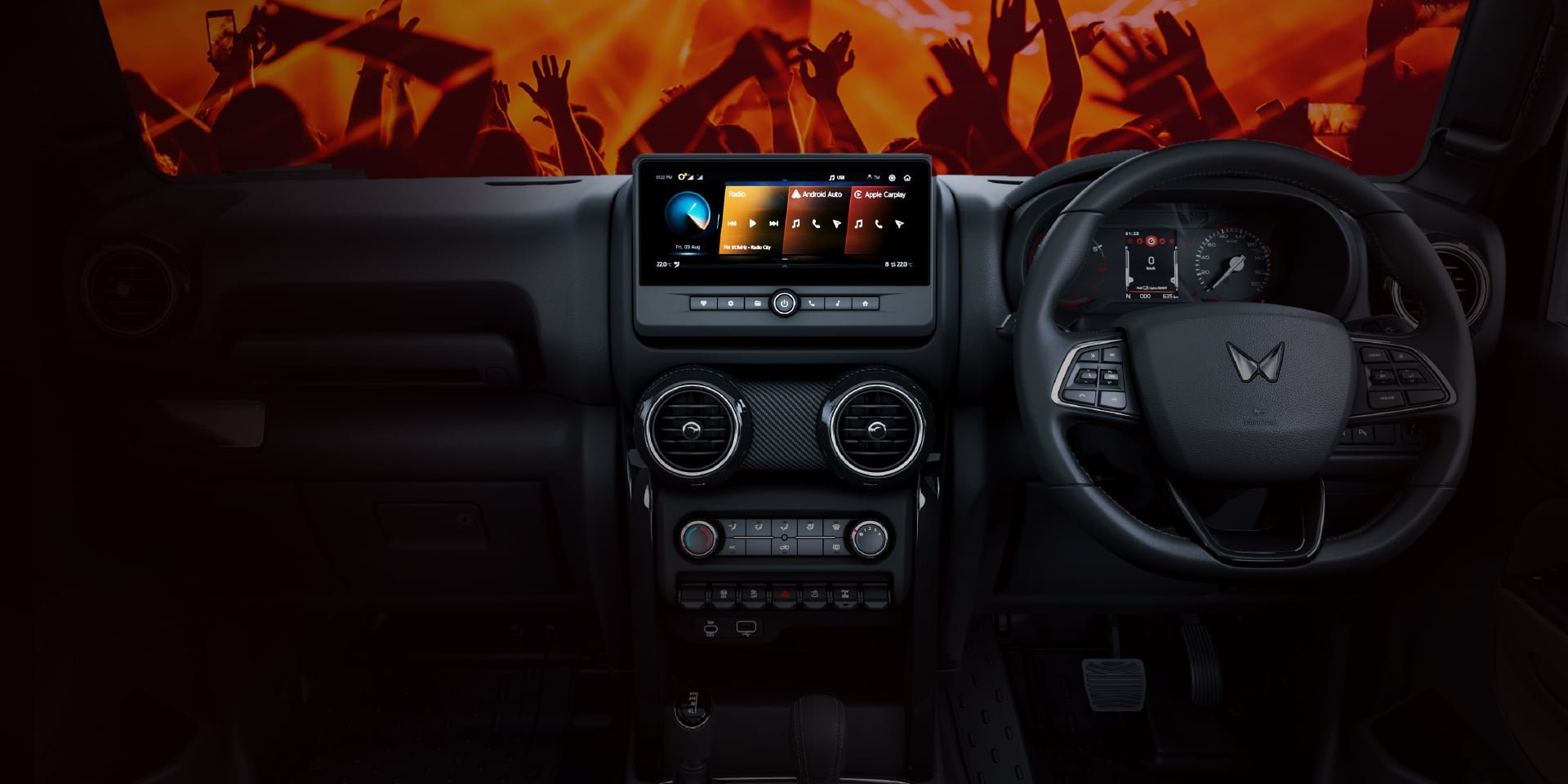 Mahindra Thar OG interior cockpit with twin-pod dials and touchscreen