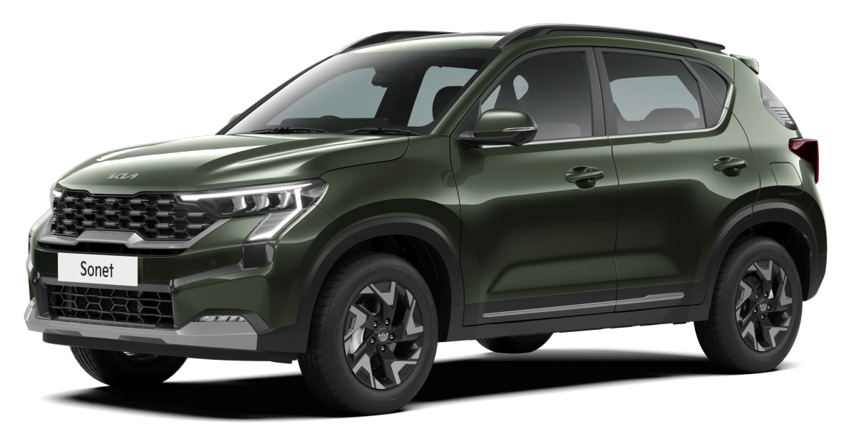 Kia Sonet in Pewter Olive, front three-quarter studio shot