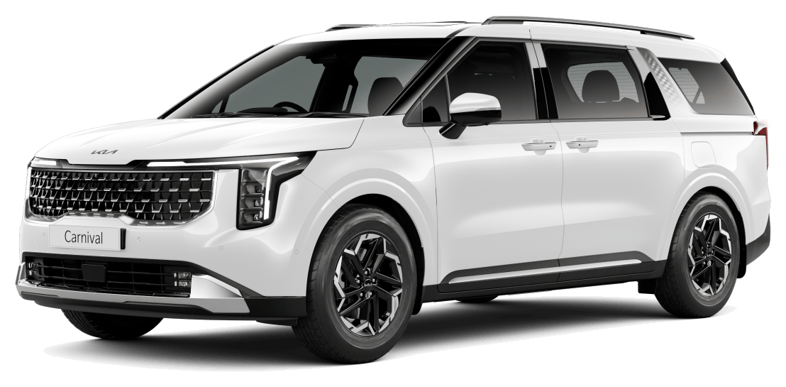 Kia Carnival in Glacier White Pearl, front three-quarter studio shot