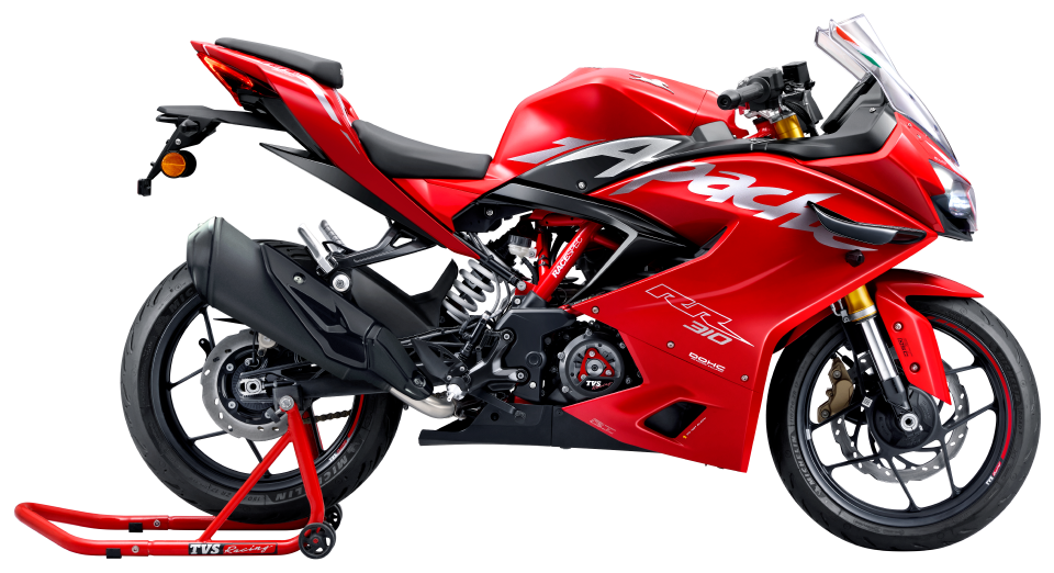 TVS Apache RR 310 in Racing Red, three-quarter studio shot