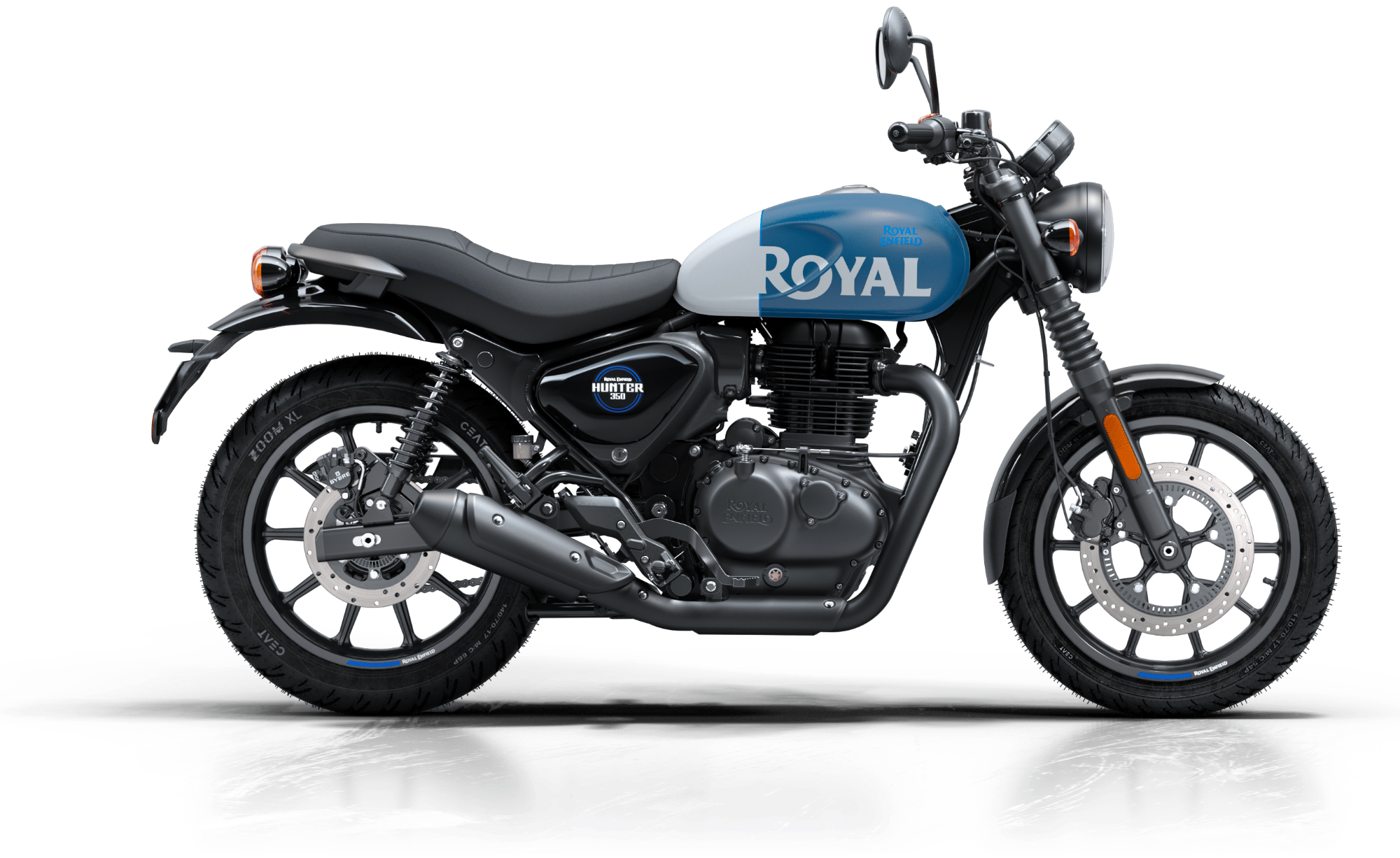 Royal Enfield Hunter 350 studio side profile in blue and white