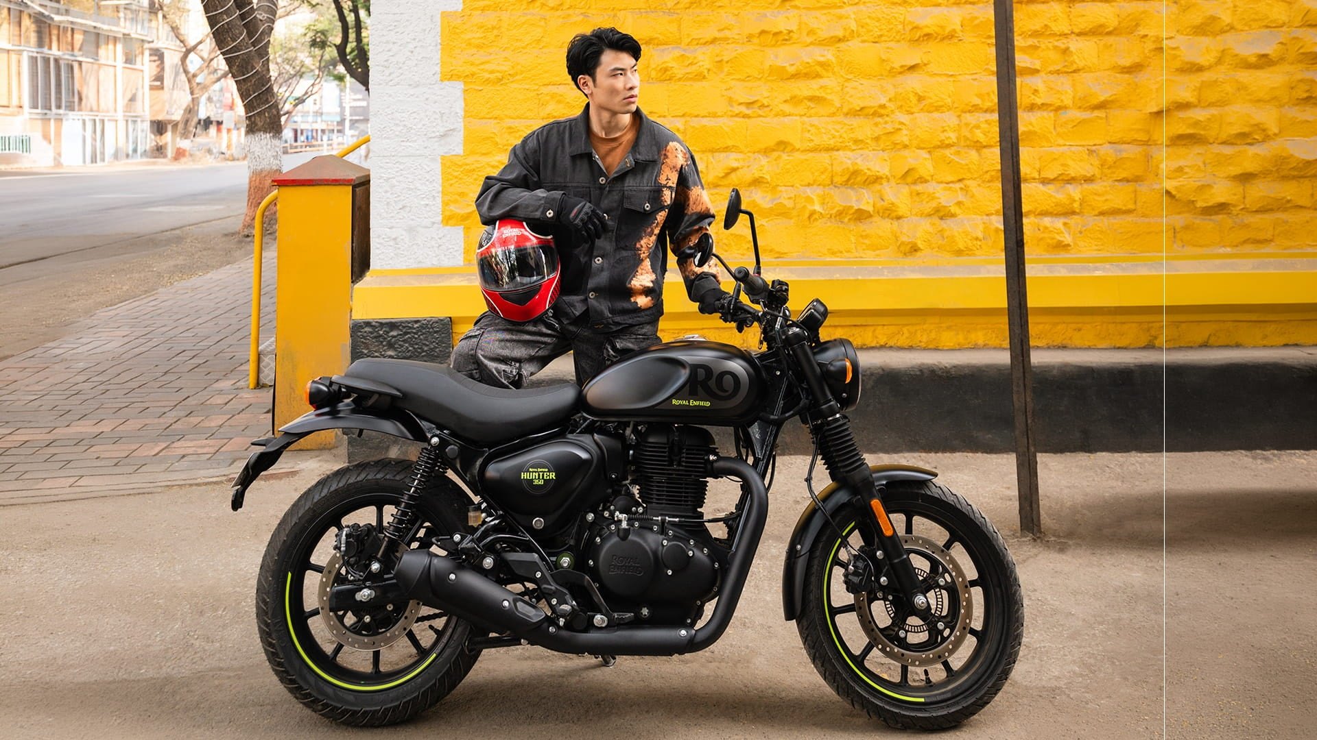 Royal Enfield Hunter 350 parked on a city street