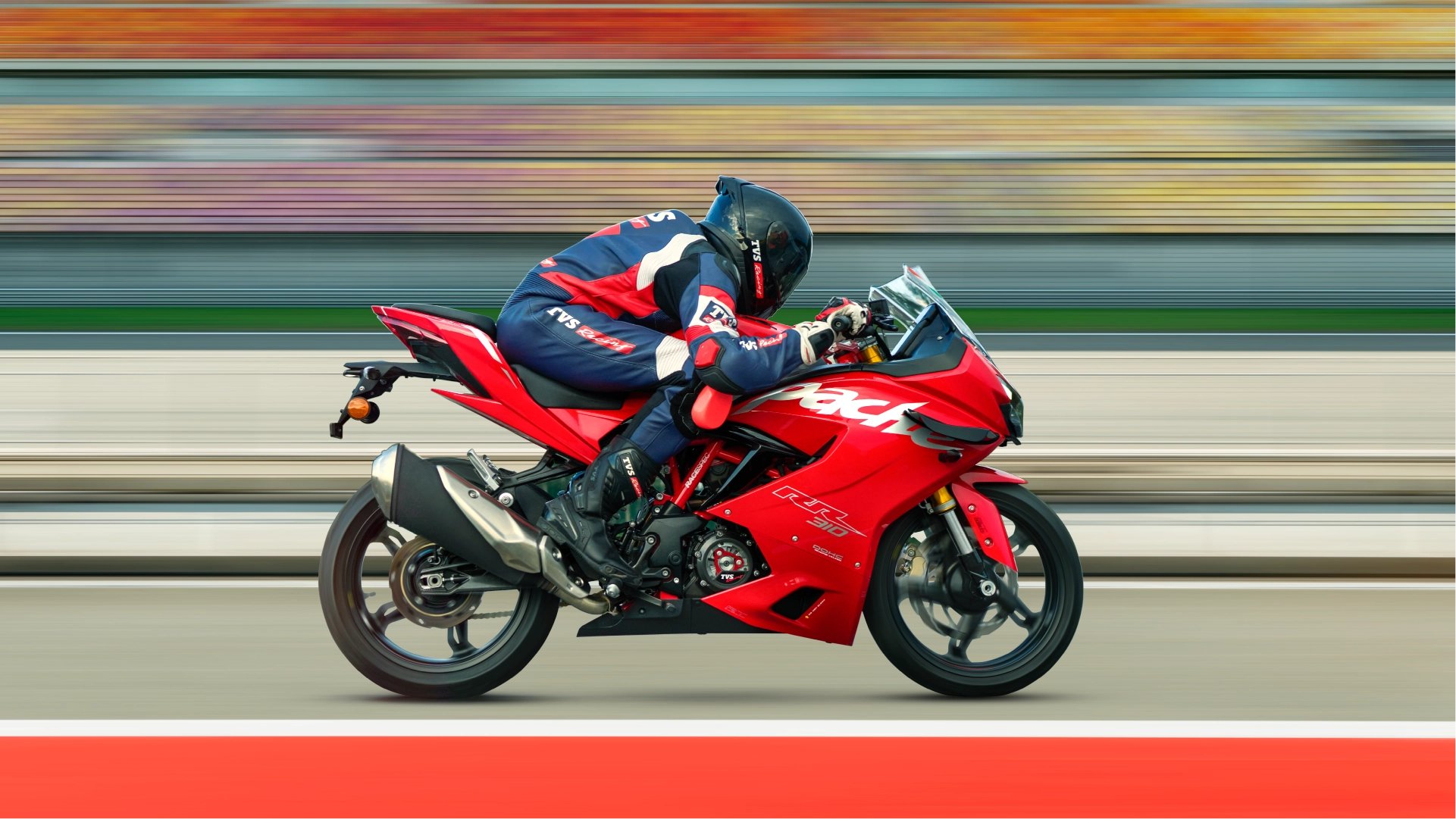 TVS Apache RR 310 racing down the main straight at speed