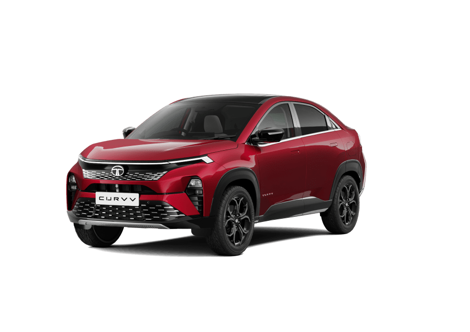 Tata Curvv in Nitro Crimson, front three-quarter studio shot
