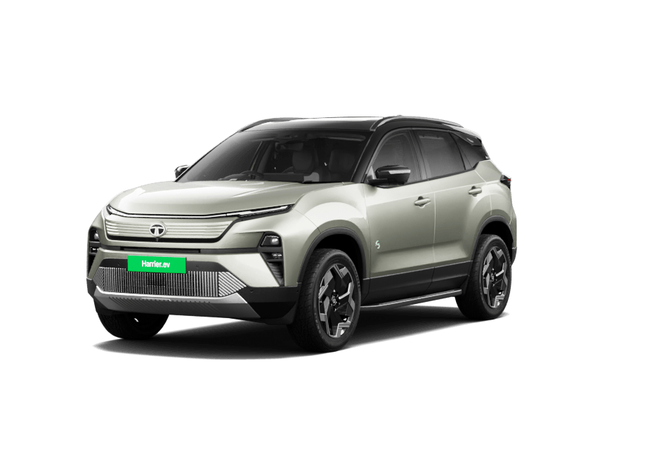 Tata Harrier EV in Empowered Oxide, front three-quarter view