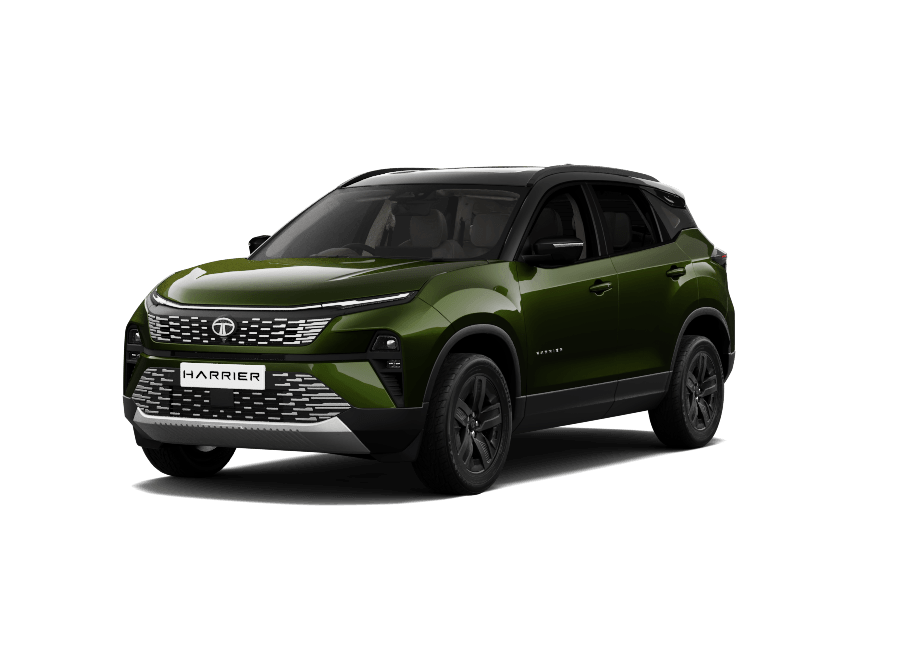 Tata Harrier in Seaweed Green, front three-quarter studio shot
