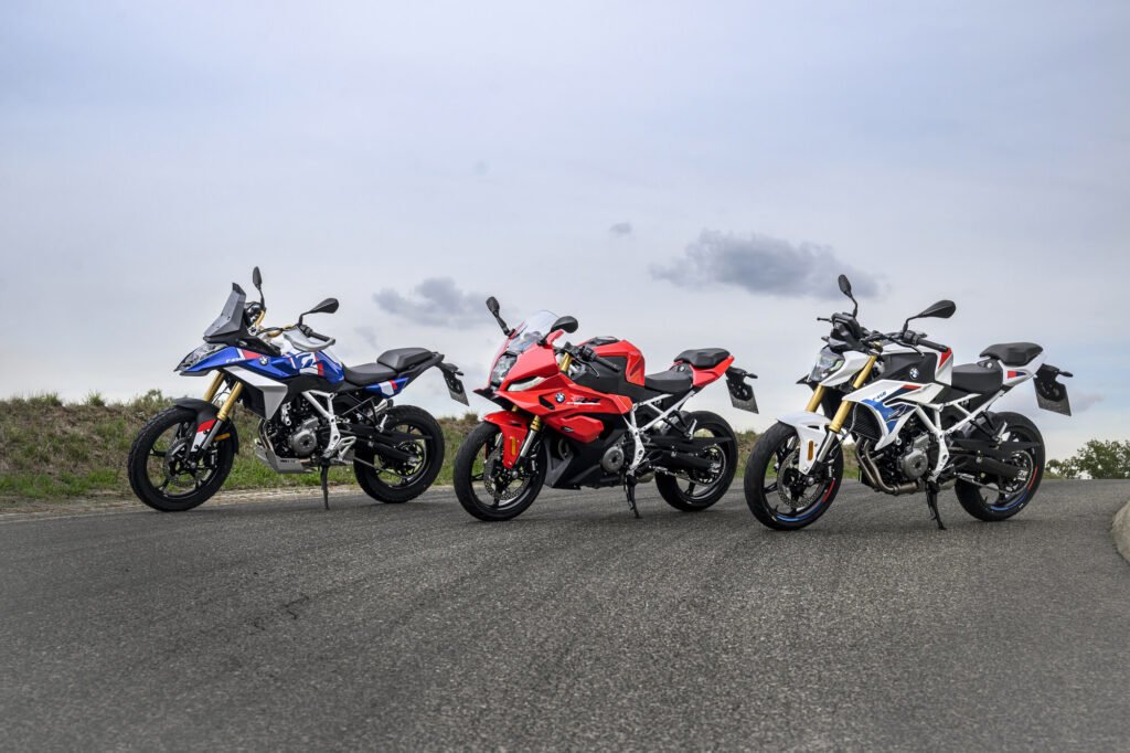 BMW F 450 GS, F 450 RR and F 450 R parked together on a track