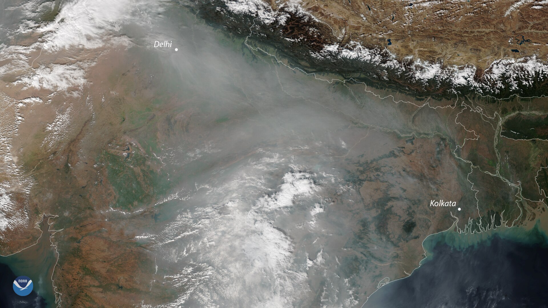 Satellite image showing a thick haze of air pollution over northern India