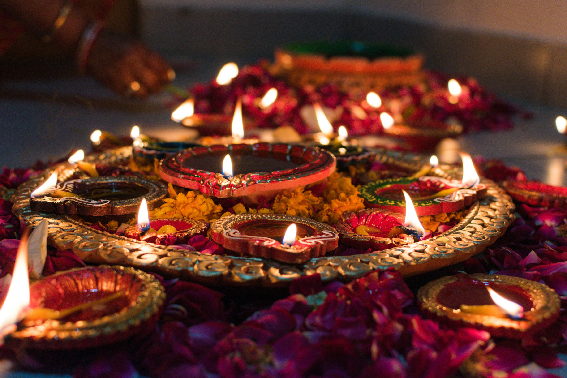 Lit diyas arranged with flowers for Diwali