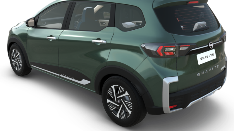 Nissan Gravite rear three-quarter view showing alloy wheels and LED tail lamps
