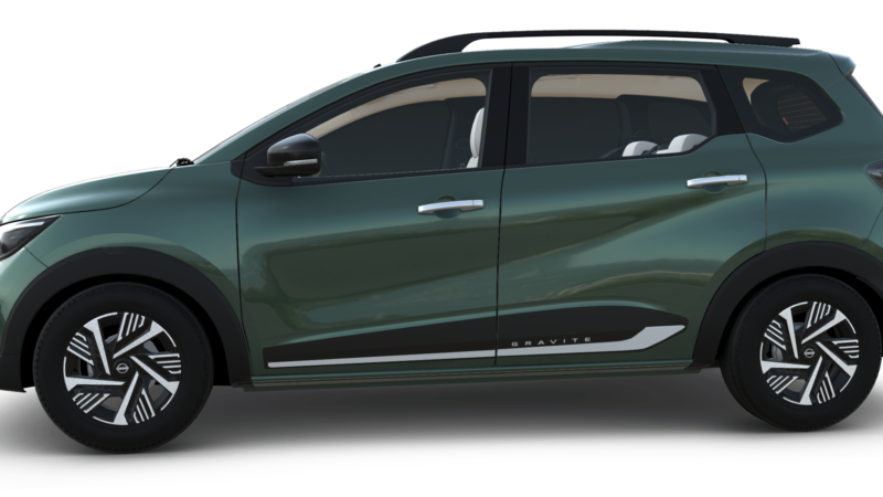 Nissan Gravite side profile showing roof rails and alloy wheels