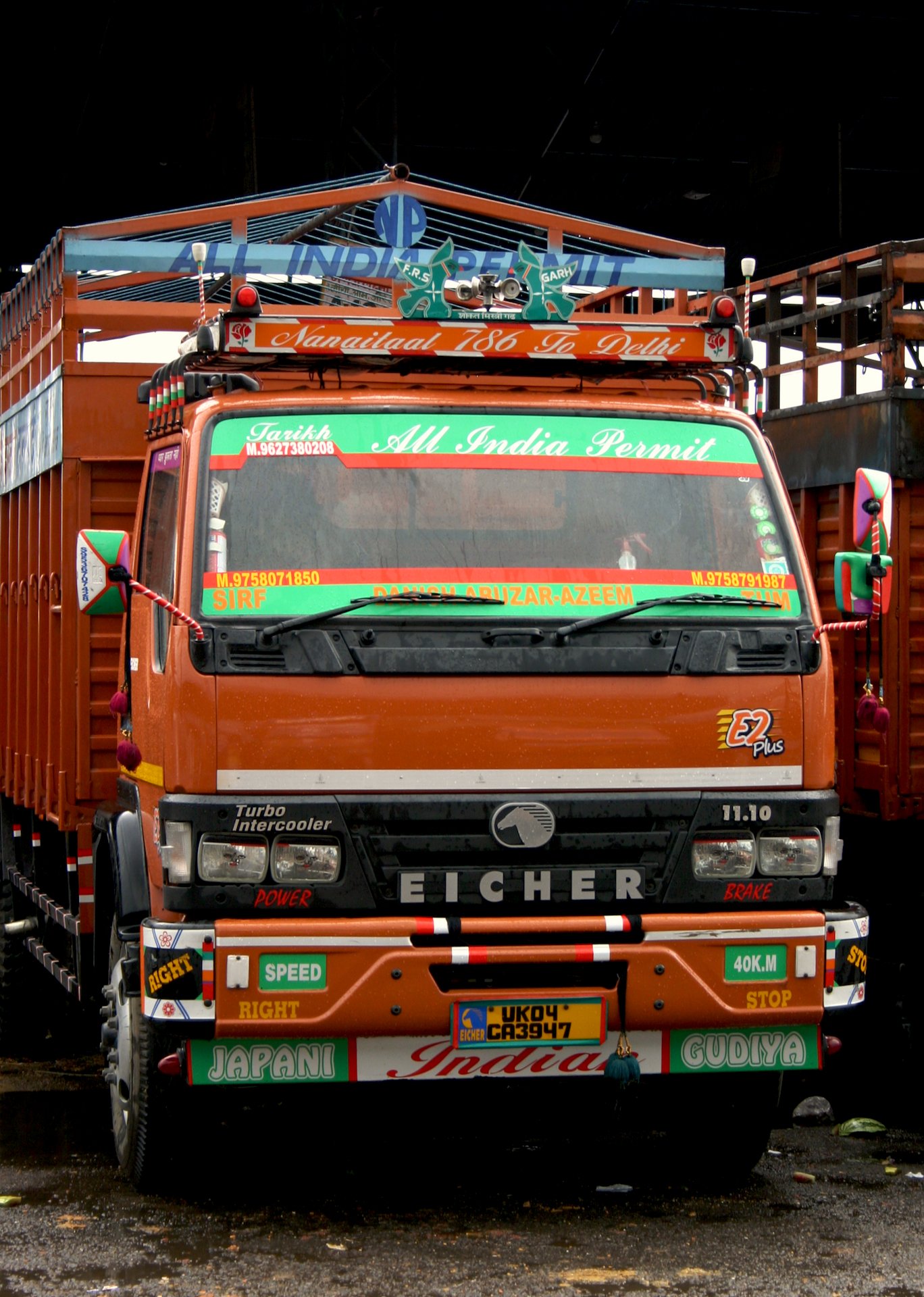 Eicher goods truck with an All India Permit sign at Azadpur Mandi in Delhi