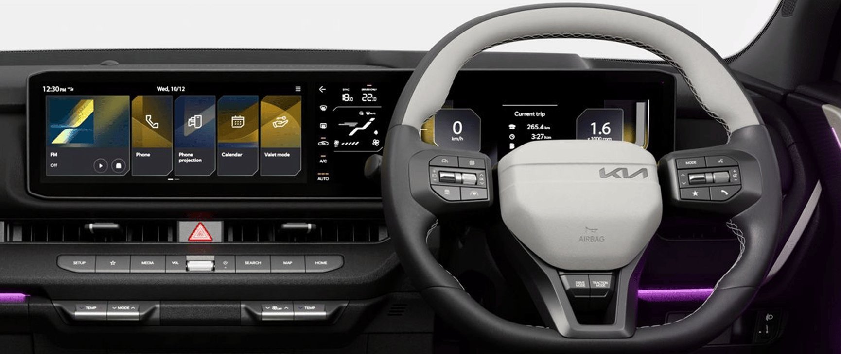 Kia Seltos dashboard showing the dual-screen display and steering wheel controls