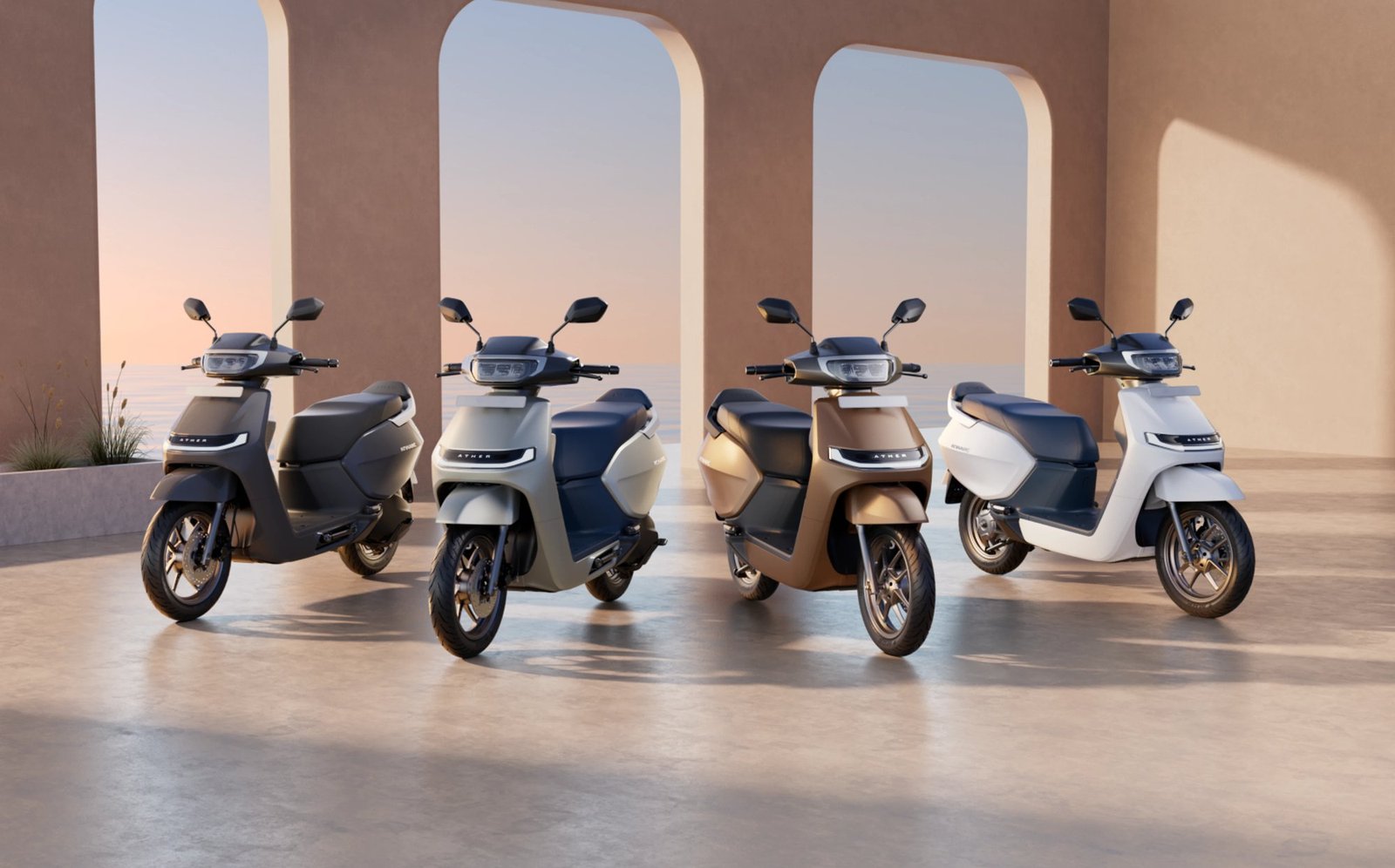 Ather Konarc electric scooters in four different colours lined up