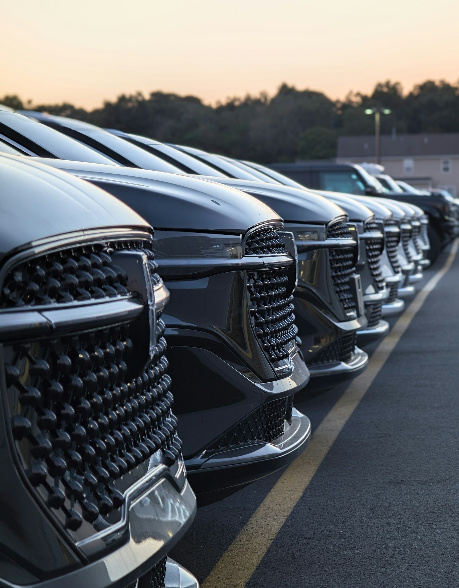 A long row of new SUVs with their front grilles facing the camera, parked at a dealership lot at sunset