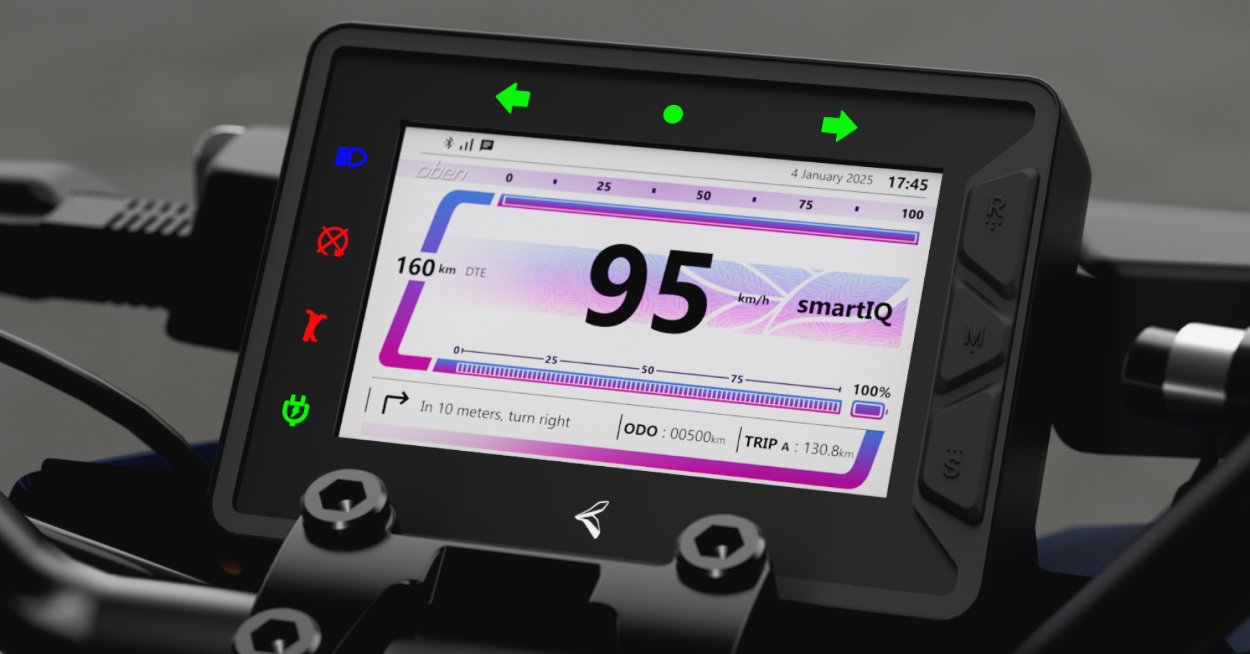 Oben Rorr Evo TFT dashboard showing speed and range