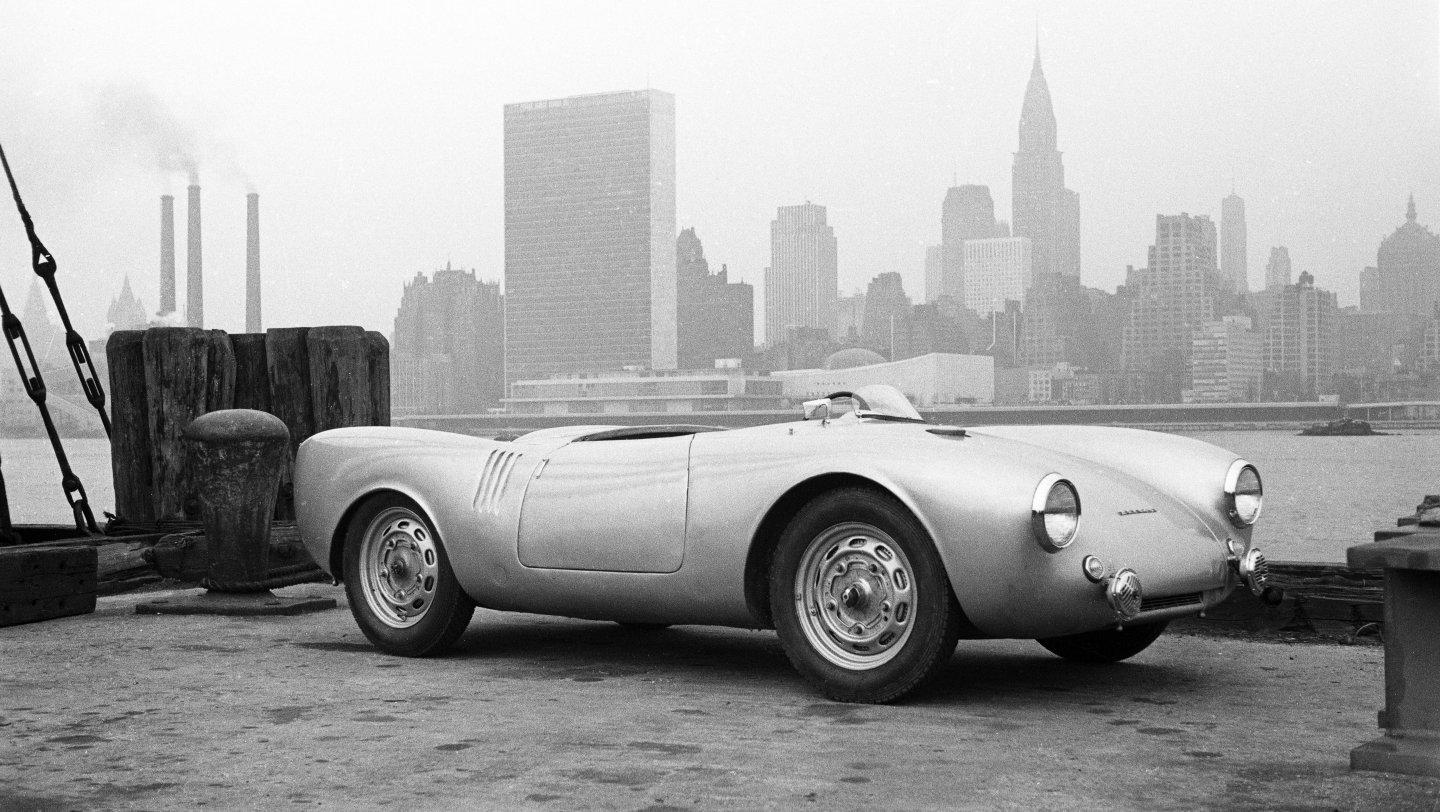 Porsche 550 Spyder photographed at the same Queens pier against the Manhattan skyline in 1953