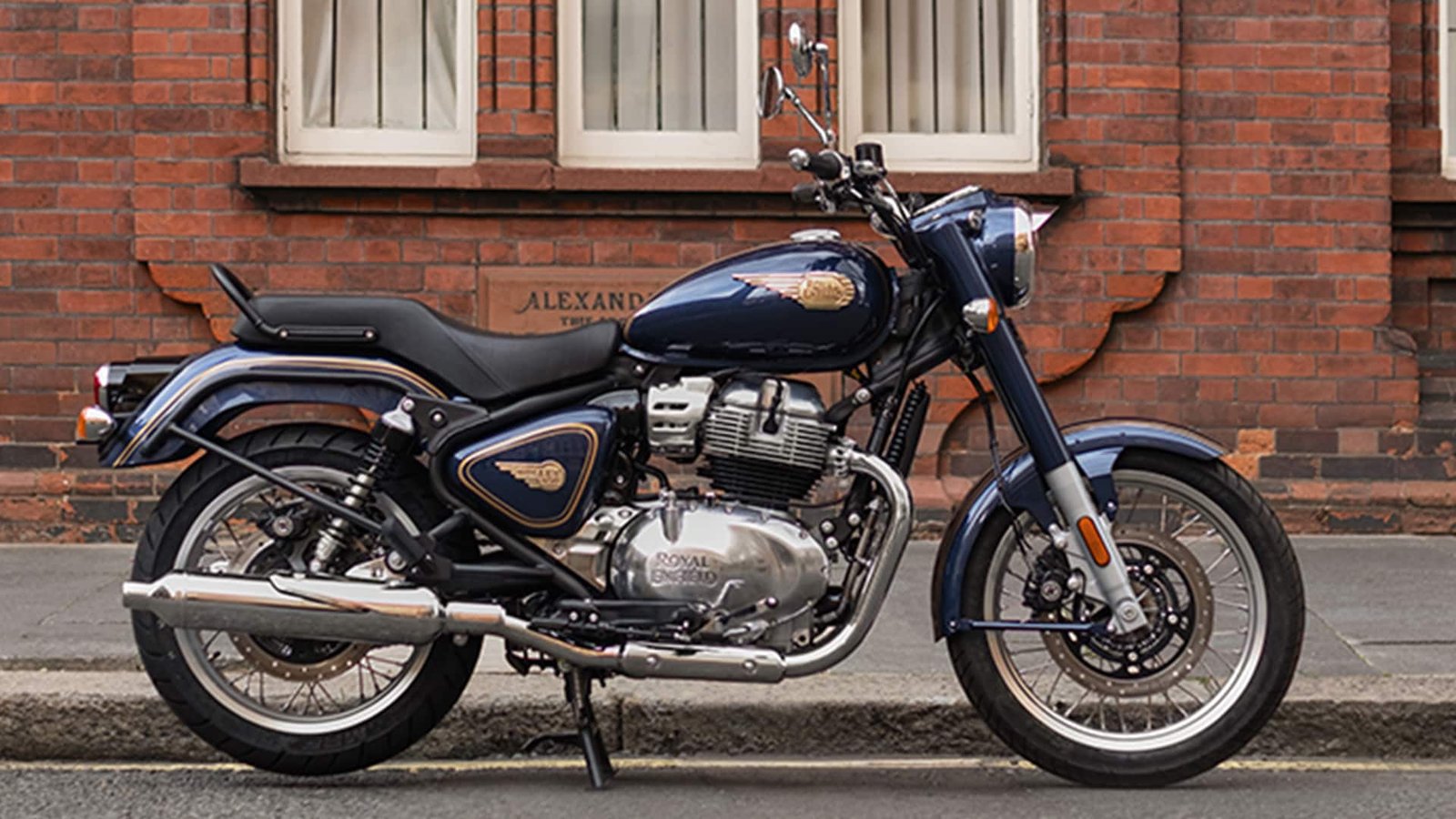 Royal Enfield Bullet 650 in Battleship Blue parked on a city street