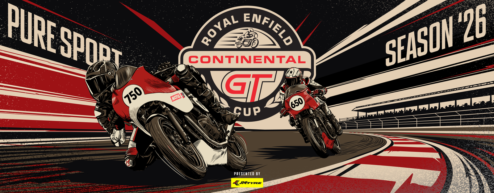 Royal Enfield Continental GT Cup 2026 Season promotional artwork showing the GT-R750 and GT-R650 race bikes