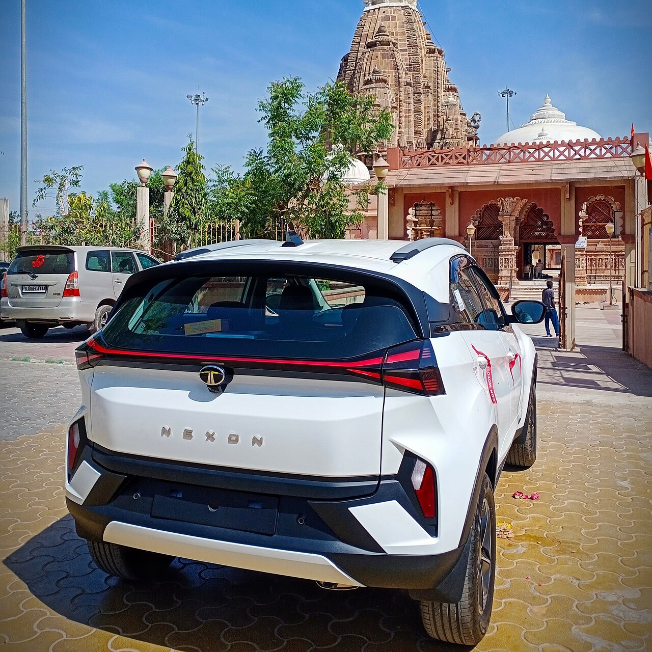 Tata Nexon parked outside a temple in Rajasthan