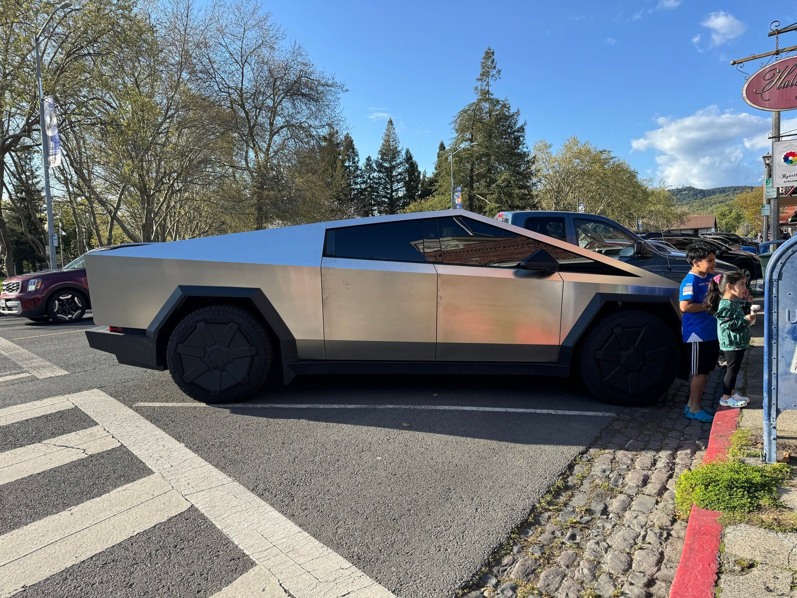 Tesla Cybertruck parked on a street in Sonoma, California