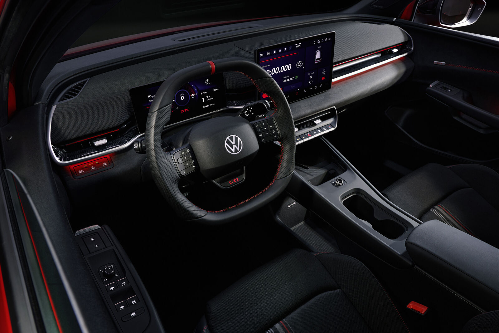 Volkswagen ID. Polo GTI cockpit showing the digital instrument cluster and GTI steering wheel